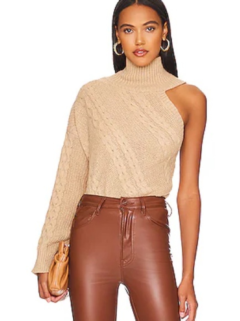Line & Dot Camel Cold Shoulder Mock Neck Diagonal Cable Knit Sweater XS
